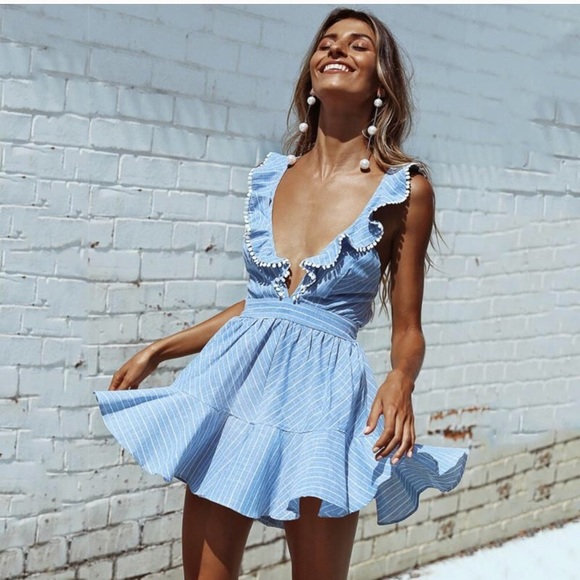 blue and white striped ruffle dress